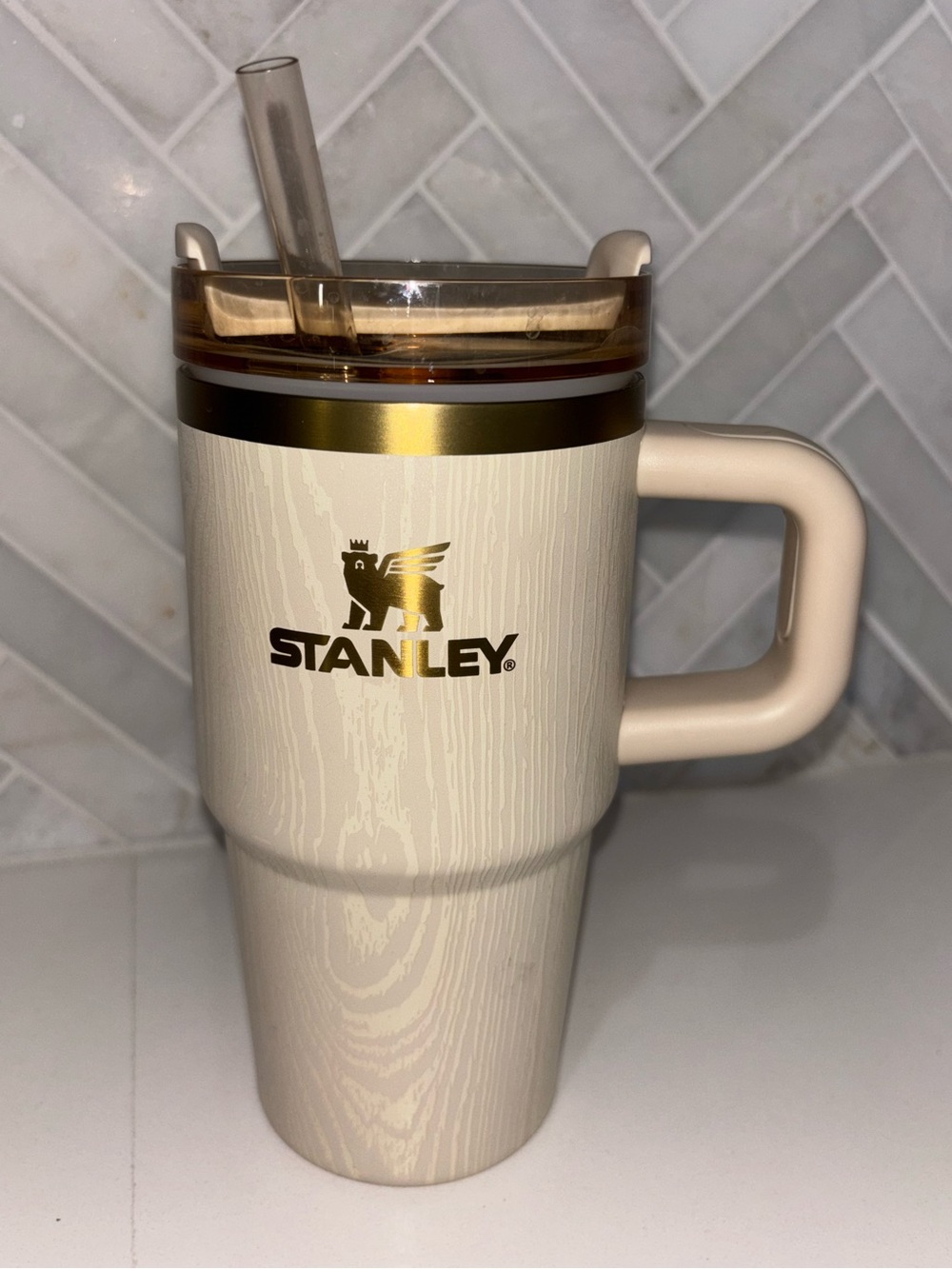 Stanley NEW BIRCH WOOD GRAIN Cream Tumbler with Gold Trim 20 Oz